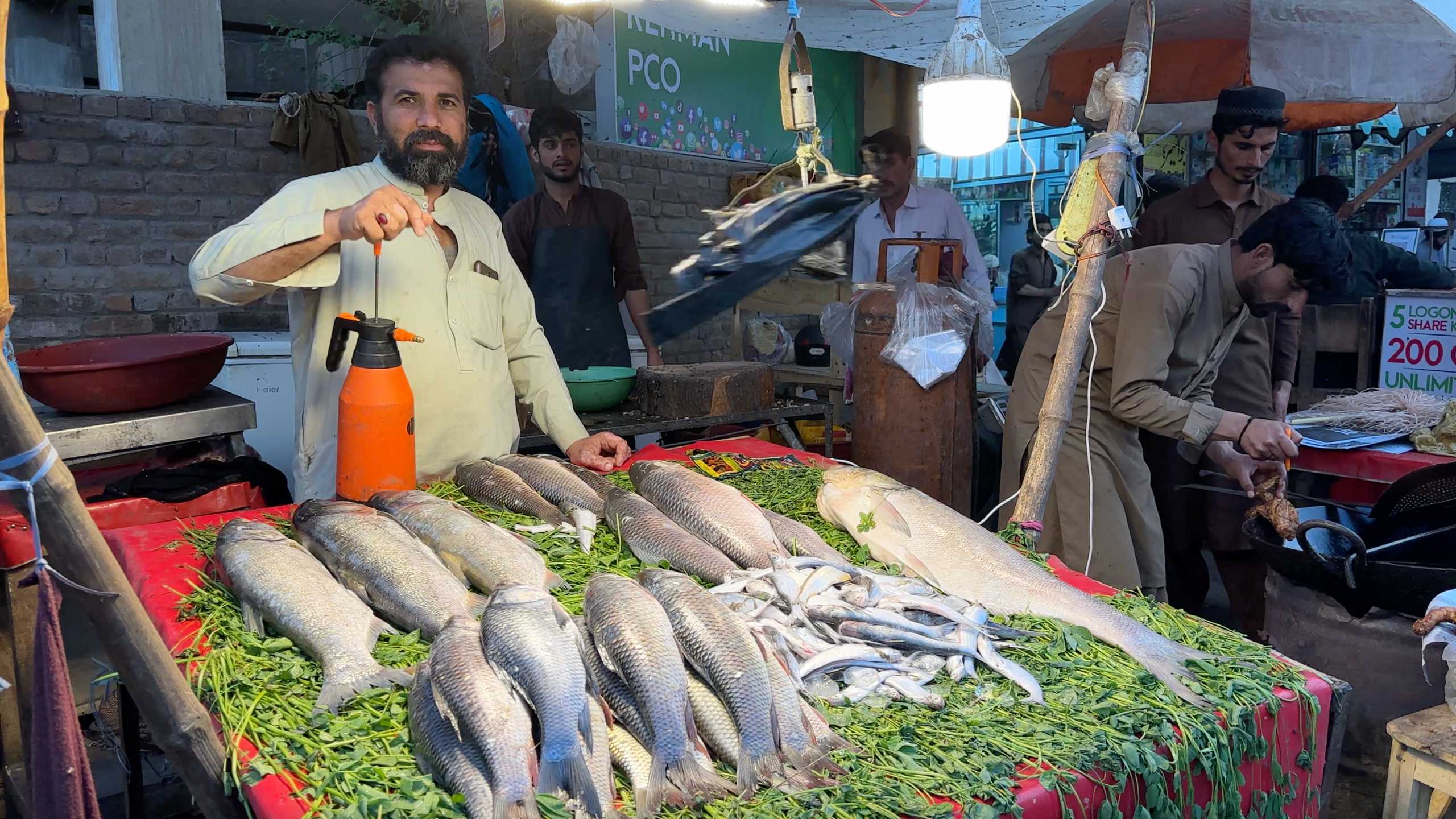 A fish seller showcasing a variety of fresh fish neatly arranged on a bed of greens under bright market lights.