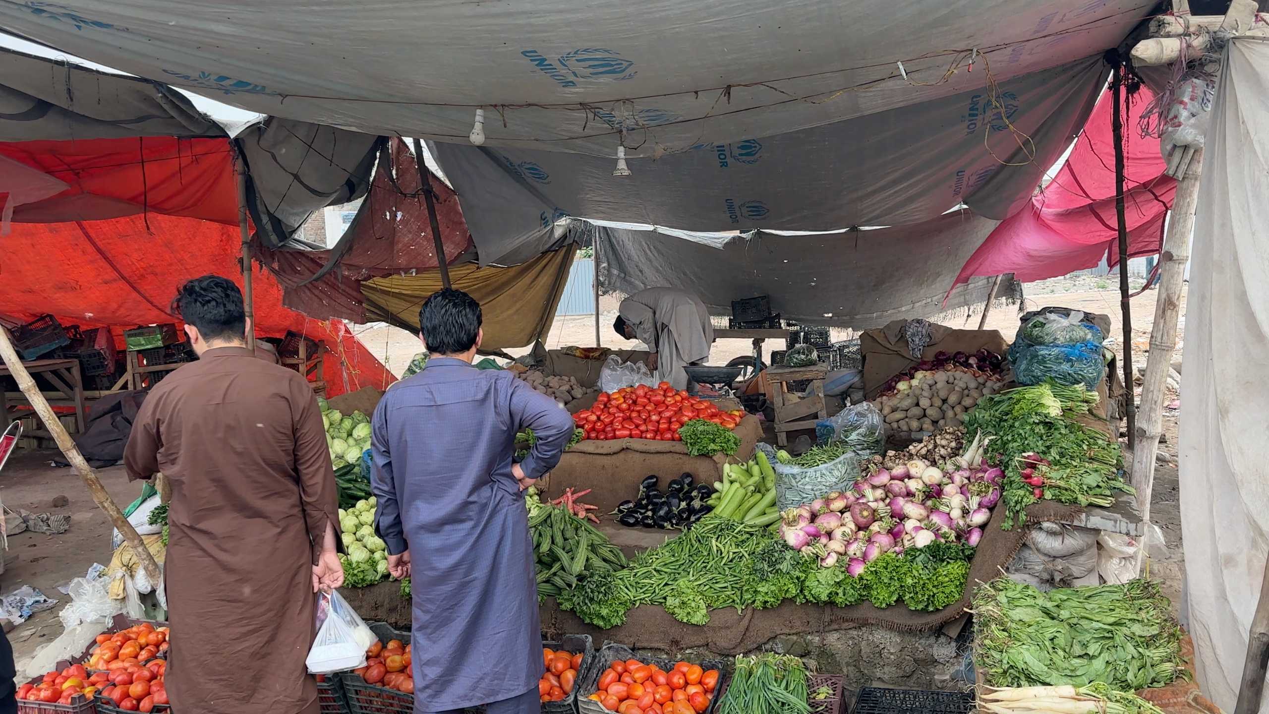 Fresh vegetables are on display under makeshift tents, offering a colorful variety to shoppers.