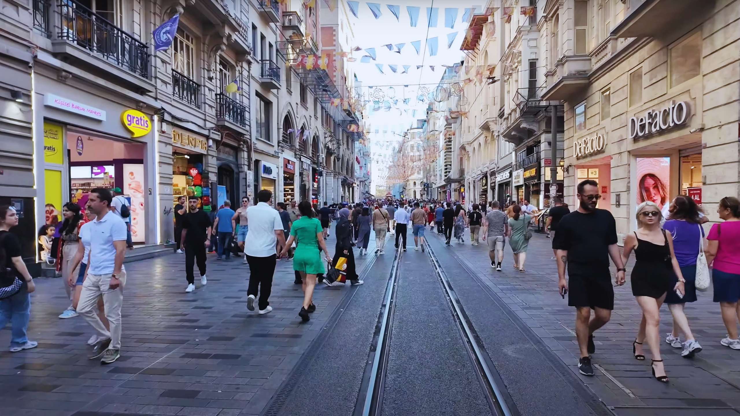 Crowds strolling down Istiklal Avenue, filled with shops, cafes, and vibrant street energy.