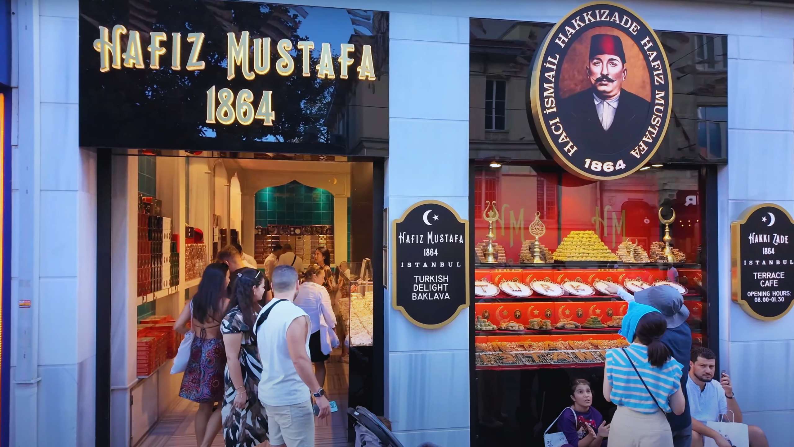 Iconic storefront of Hafiz Mustafa, showcasing Turkish sweets and a welcoming ambiance.