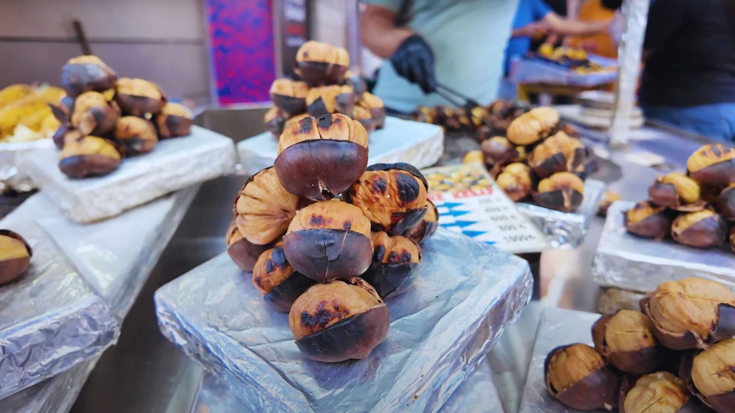 Piles of perfectly roasted chestnuts, a popular street snack in Istanbul.