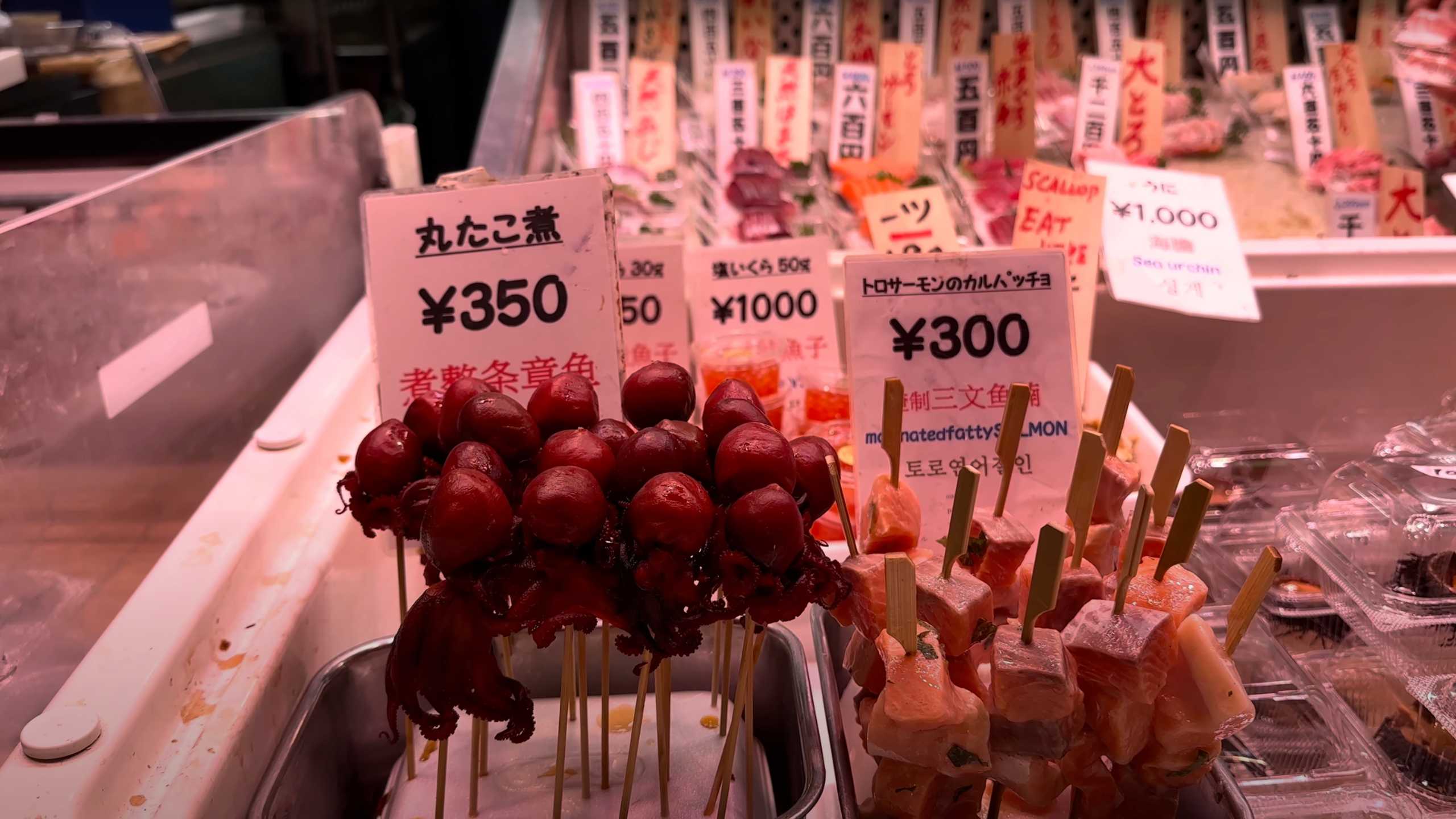 Assorted seafood skewers, including octopus and salmon, on display.