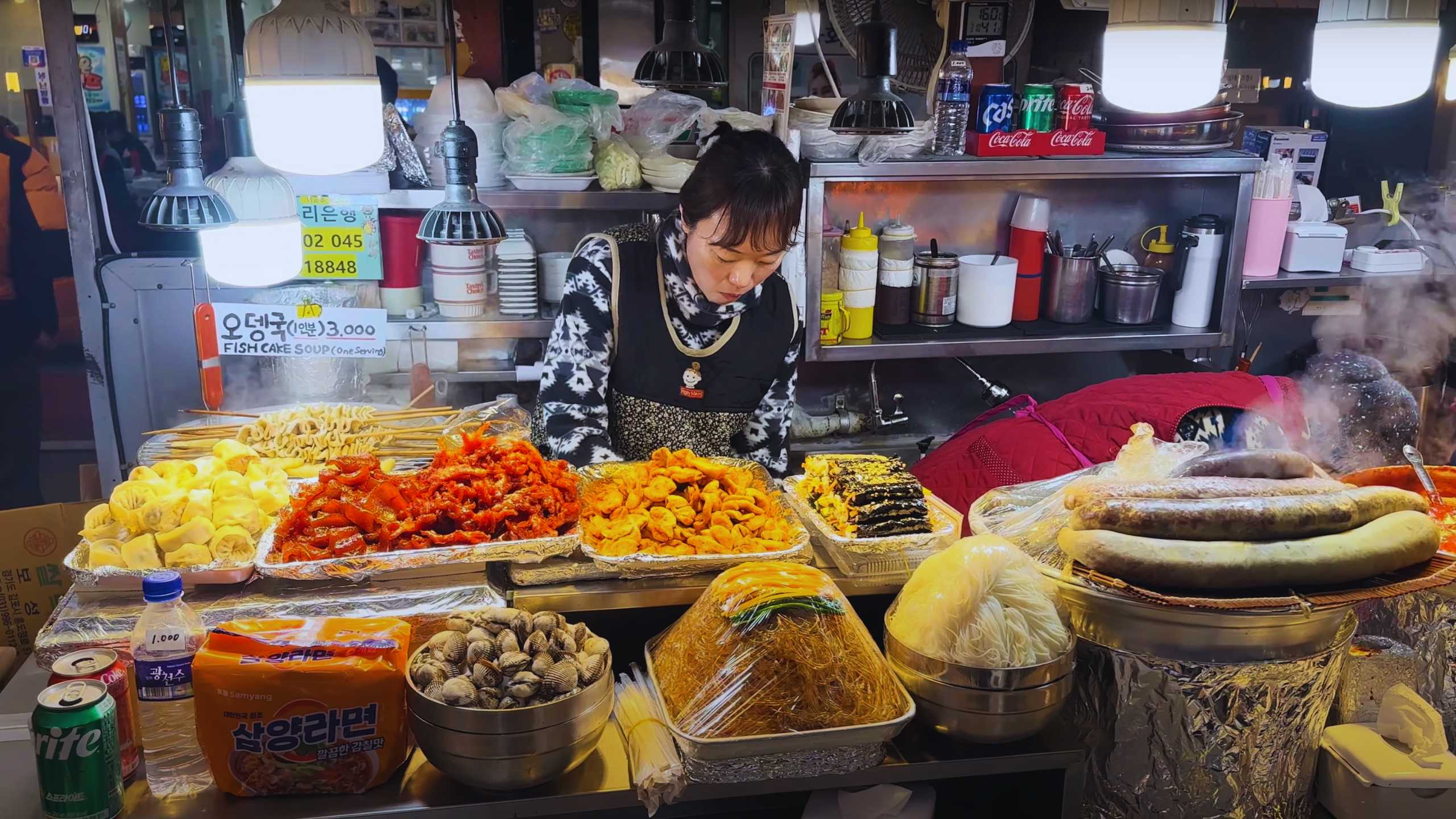 An array of traditional Korean foods on display, from dumplings to spicy stir-fries.