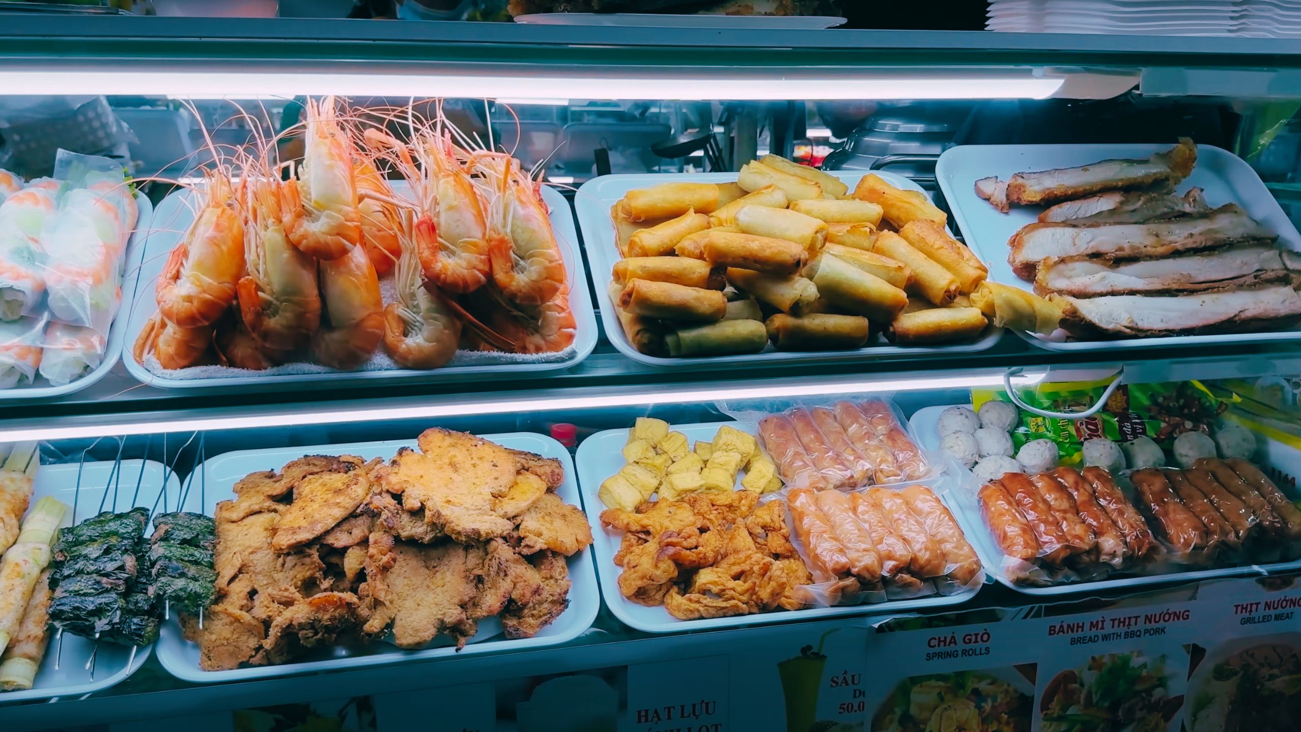 A showcase of fried spring rolls, shrimp, meat skewers and savory Vietnamese snacks.